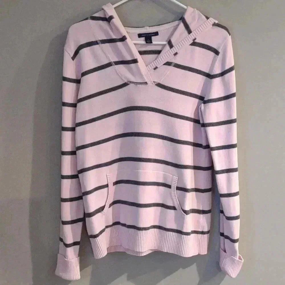 Vintage‎ Tommy Hilfiger women's medium pink gray strip  hooded sweater